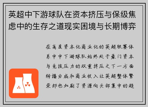 英超中下游球队在资本挤压与保级焦虑中的生存之道现实困境与长期博弈