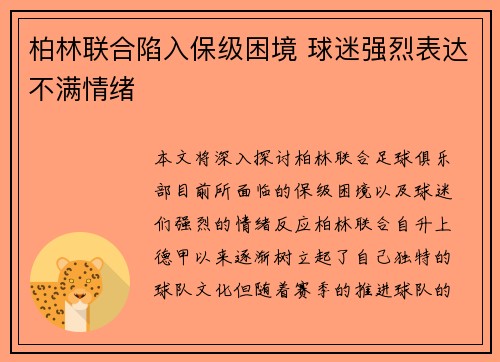 柏林联合陷入保级困境 球迷强烈表达不满情绪